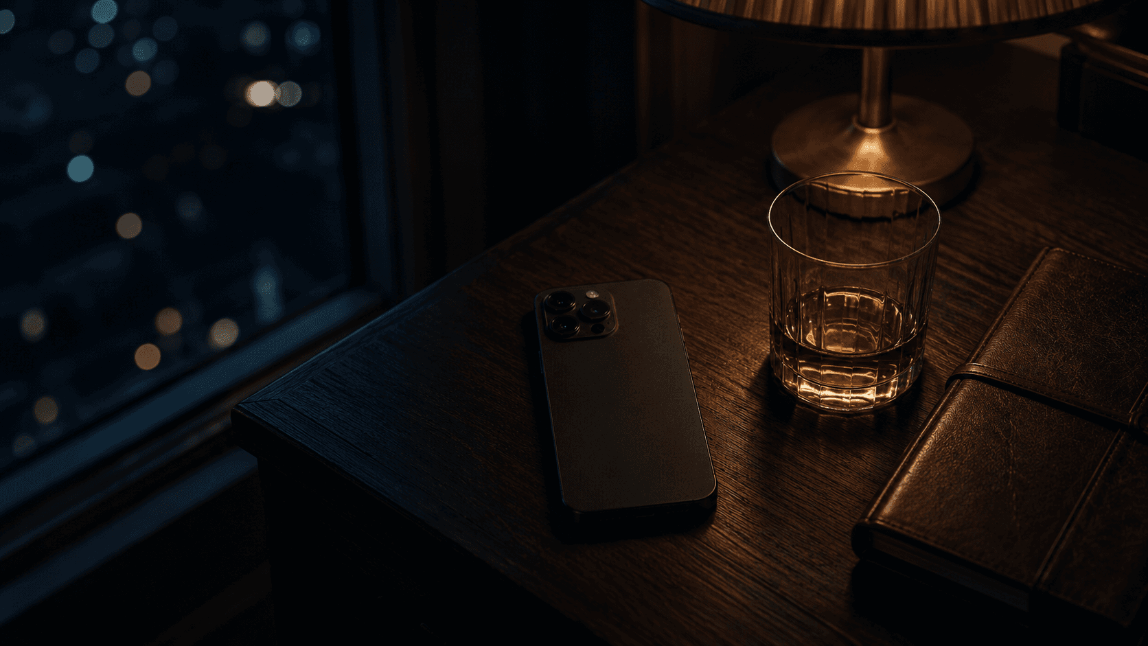 iPhone sur table de chevet la nuit, vue sur la ville